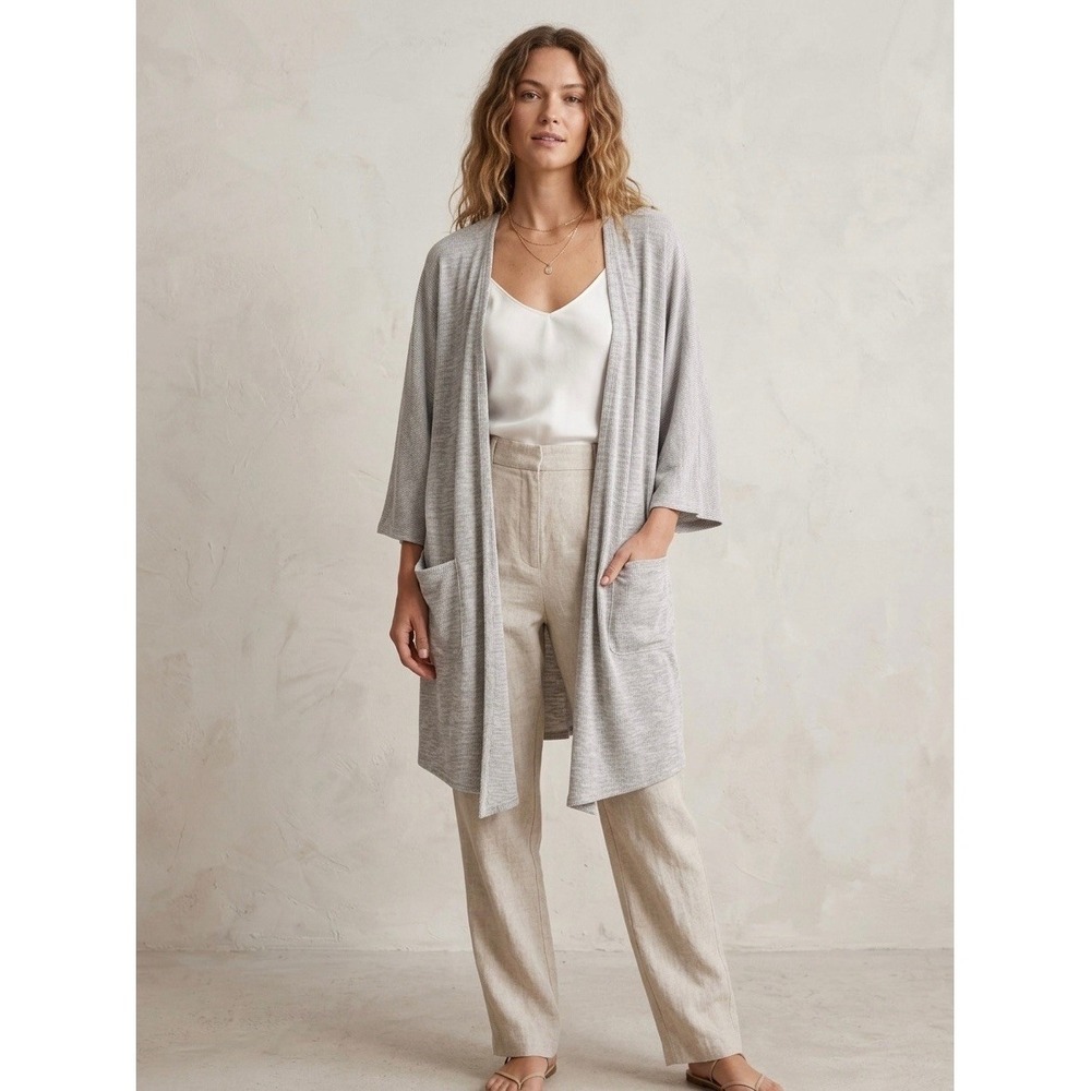 Donni Rib Kimono Cardigan Grey White Stripe Open Front Pocket OS Plus NWT